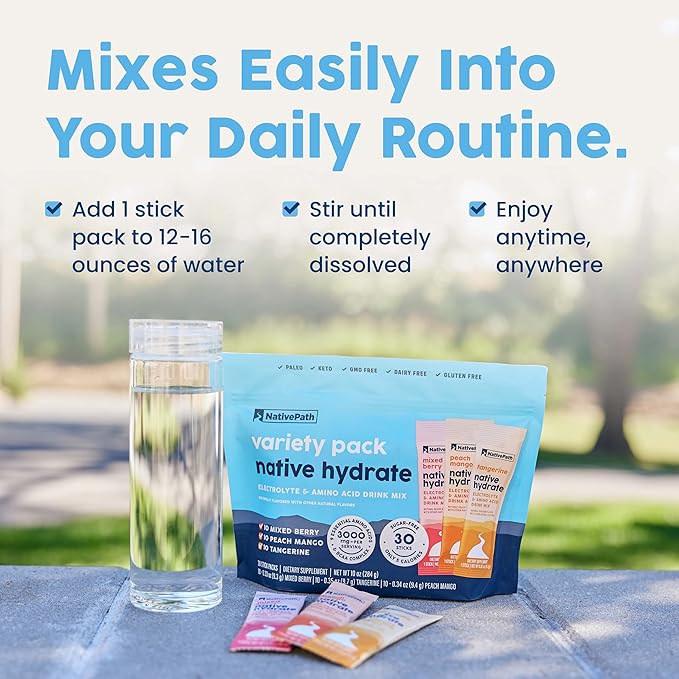 NativePath Native Hydrate Stick Packs with Electrolytes and Amino Acids, Variety Pack, Mixed Berry, Peach Mango, Tangerine, 30 Servings