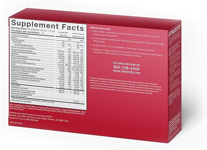 Detoxify – Ever Clean Cleansing Program – Honey Tea – 5 x 4 oz Bottles – 5-Day Solution – Green Tea, Vitamins & Minerals – Plus Sticker and Bag