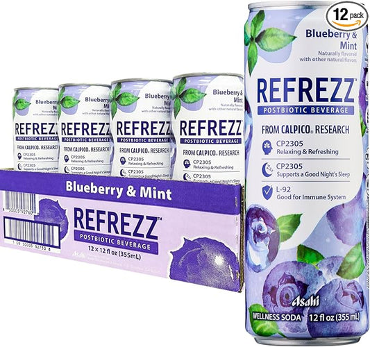 REFREZZ Postbiotic Beverage, Blueberry & Mint, Relaxing and Refreshing, Supports a Good Night's Sleep, Good for Immune System, Gluten Free, Non‑GMO, 35Calories, 12oz (12Cans)