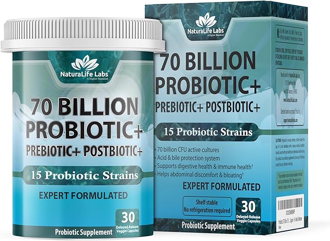 Probiotics 70 Billion CFU – 15 Probiotic strains + Organic Prebiotic+ Postbiotic 3-in-1 Complete – Promotes Healthy Digestive & Immune Function –Gas, Bloating, Constipation Support – for Men & Women