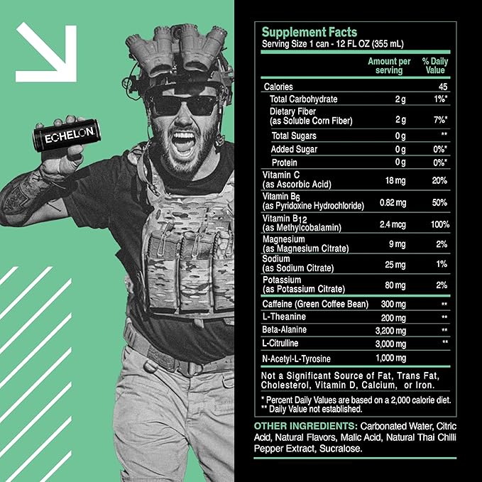 Echelon Pre-Workout Energy Drink | Watermelon Thai Chili | 12 Pack | Sustained Energy, Focus and Endurance Dietary Supplement | 300mg of Caffeine | Beta-Alanine, L-Theanine & Fiber | Vegan