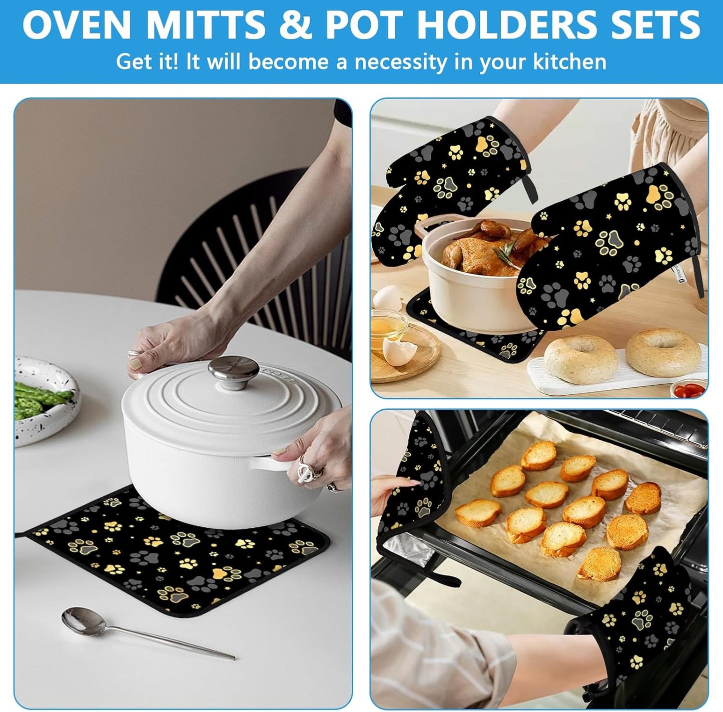 Gold Dog Paw Print Oven Mitts and Pot Holders Sets Heat Resistant 4Pcs Potholders Oven Gloves Hot Pads for Kitchen Baking Cooking Grilling BBQ
