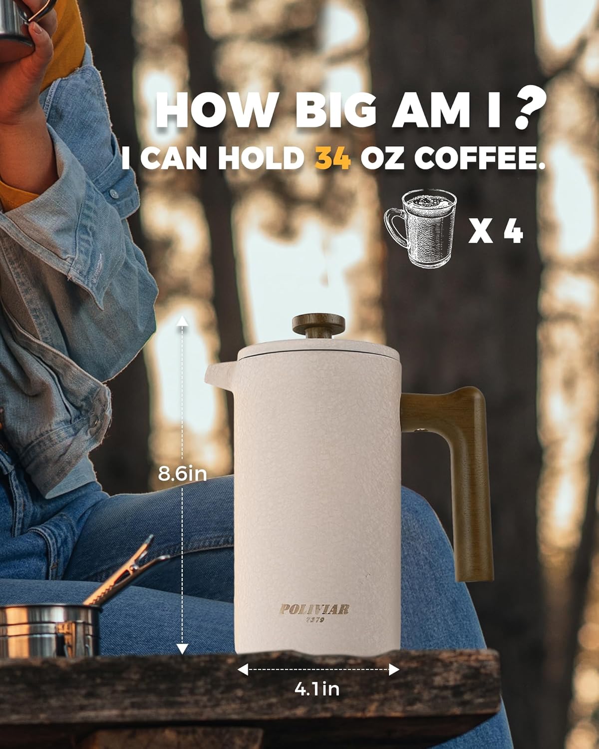 POLIVIAR French Press Coffee Maker, 34 Ounce Coffee Press with Real Wood Handle, Double Wall Insulation & Dual-Filter Screen, Food Grade Stainless Steel for Good Coffee and Tea JX2023-FPLM