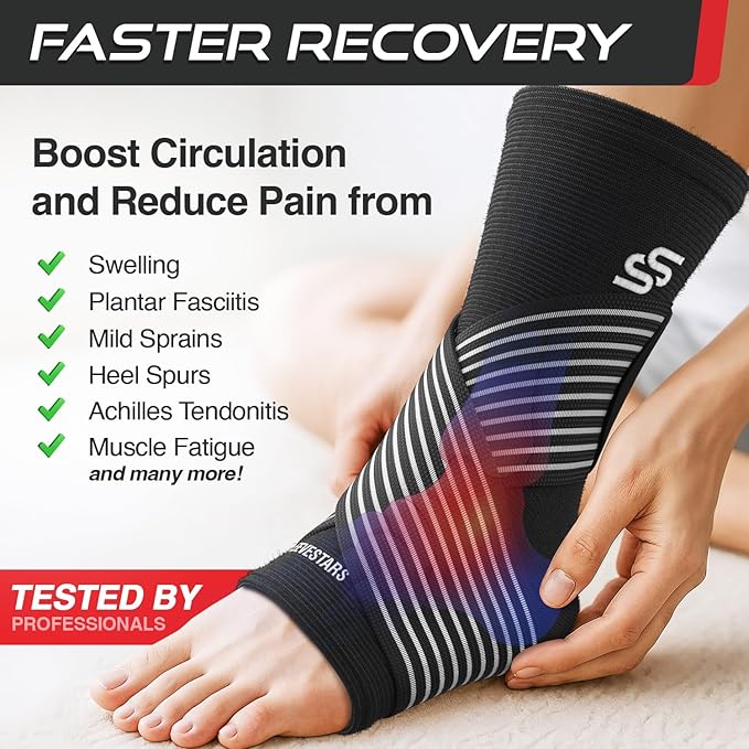 Sleeve Stars Ankle Brace for Women & Men, Ankle Wrap for Sprain, Compression Sleeve for Plantar Fasciitis Relief, Easy Customizable Support: w/ Removable Strap (Pair/M:10"-12"/Black)