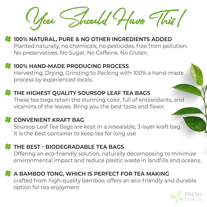 FreshDrinkUS, Premium 33 Soursop Graviola Leaf Tea Bags, 100% Natural & Pure from Soursop Leaves, Hoja Guanabana Herbal Tea. Made with Natural Material Tea Bags. No Sugar, No Caffeine, Vegan.