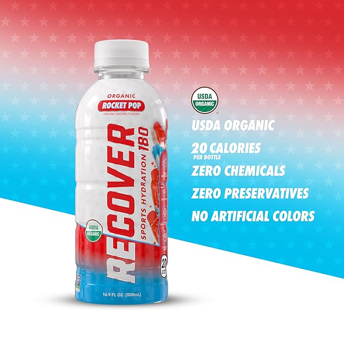 RECOVER 180 Organic Sports Hydration Drink, No Sugar Added, 20 Calorie Sports Beverage, Organic Flavors With Vitamins, Potassium-Packed Electrolytes (16.9 Fl Oz (Pack of 12), Rocket Pop)