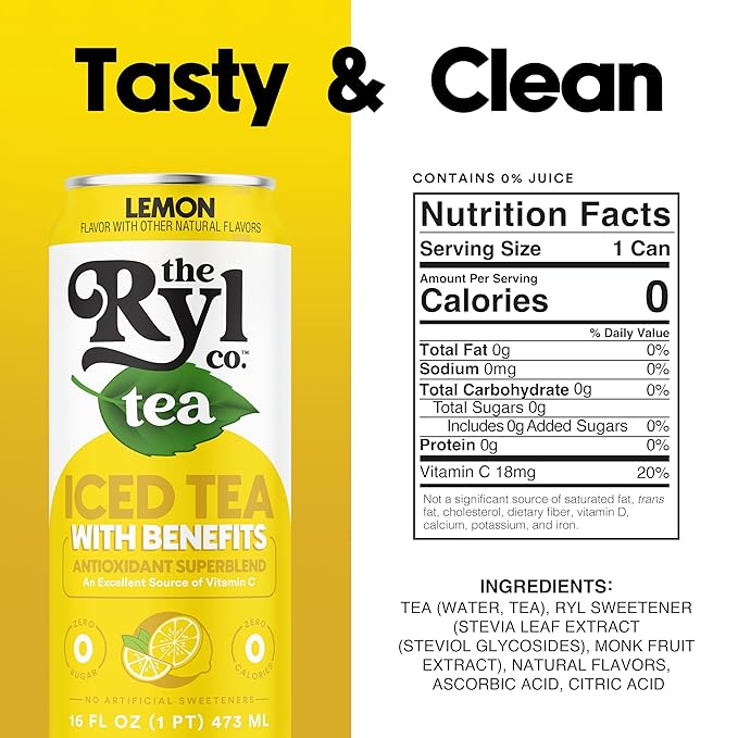 Ryl Iced Tea, Lemon, Antioxidant Superblend, Zero Sugar, Low Carb, Zero Calorie Iced Tea, 16.0 Fl Oz (12-Pack)