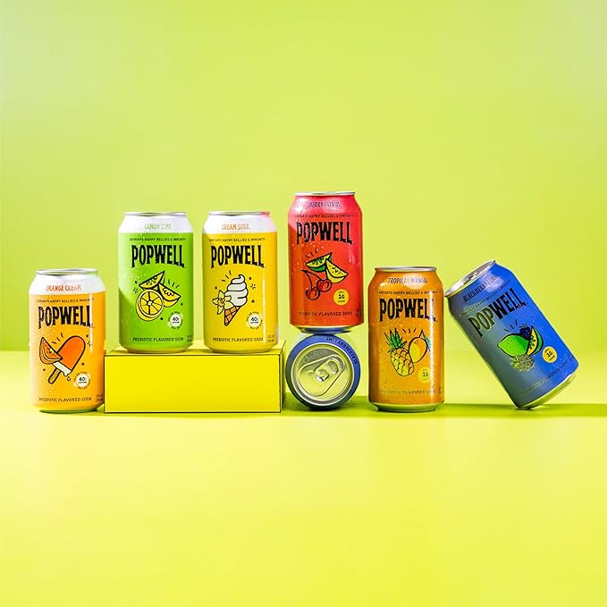 Popwell Cream Soda Caffeinated Better-For-You Prebiotic Soda, with 6g Fiber, 1g Sugar, Vitamins and Immunity Support, 12 fl oz Cans (pack of 12)
