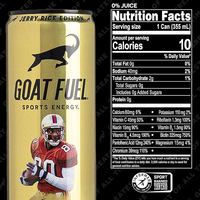 G.O.A.T. Fuel Energy Drink, Co-Founded by Jerry Rice, Natural Caffeine, Electrolytes, BCAAs, Cordyceps Mushrooms & Antioxidants, Light Carbonation Pre Workout, 12 Pack, 12 FL Oz, Tropical Berry