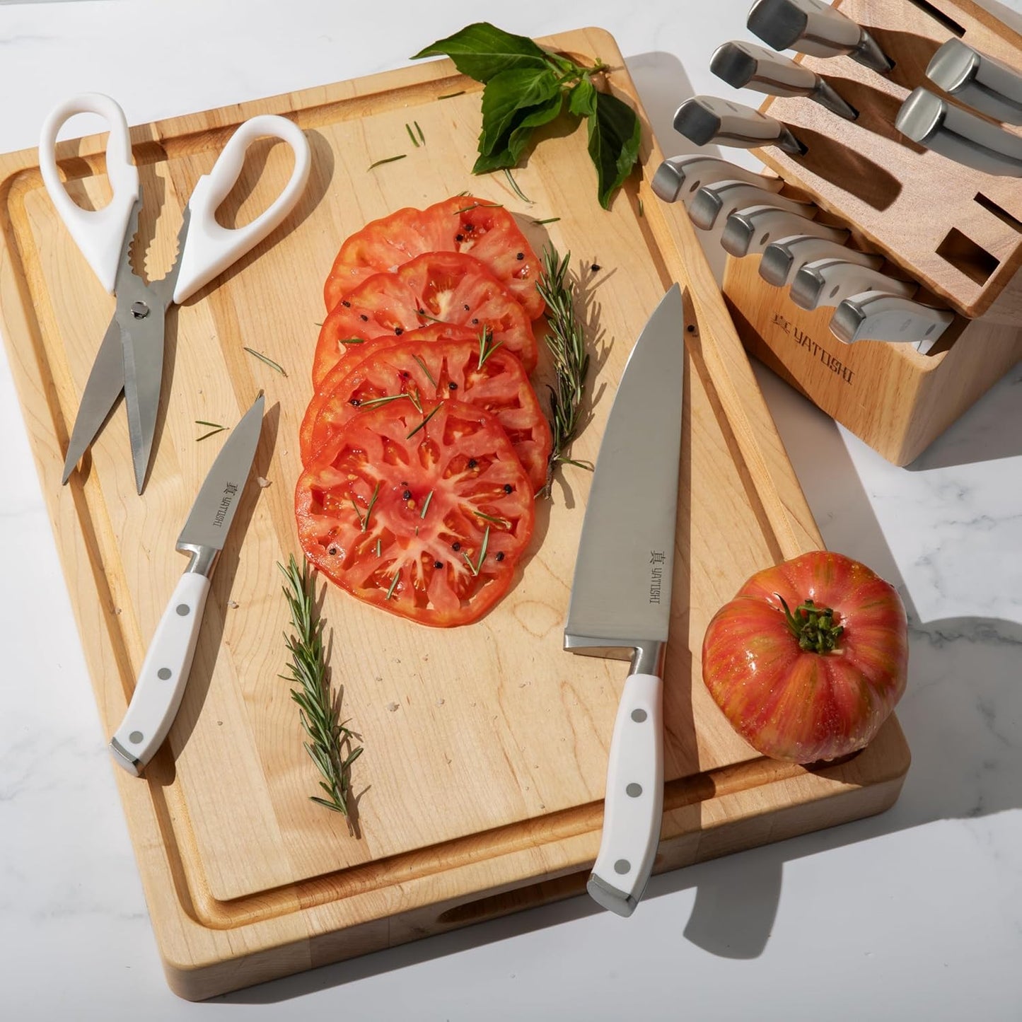 Yatoshi 15 Piece White Knife Block Set - Pro Kitchen Knife Set Ultra Sharp High Carbon Stainless Steel with Ergonomic Handle