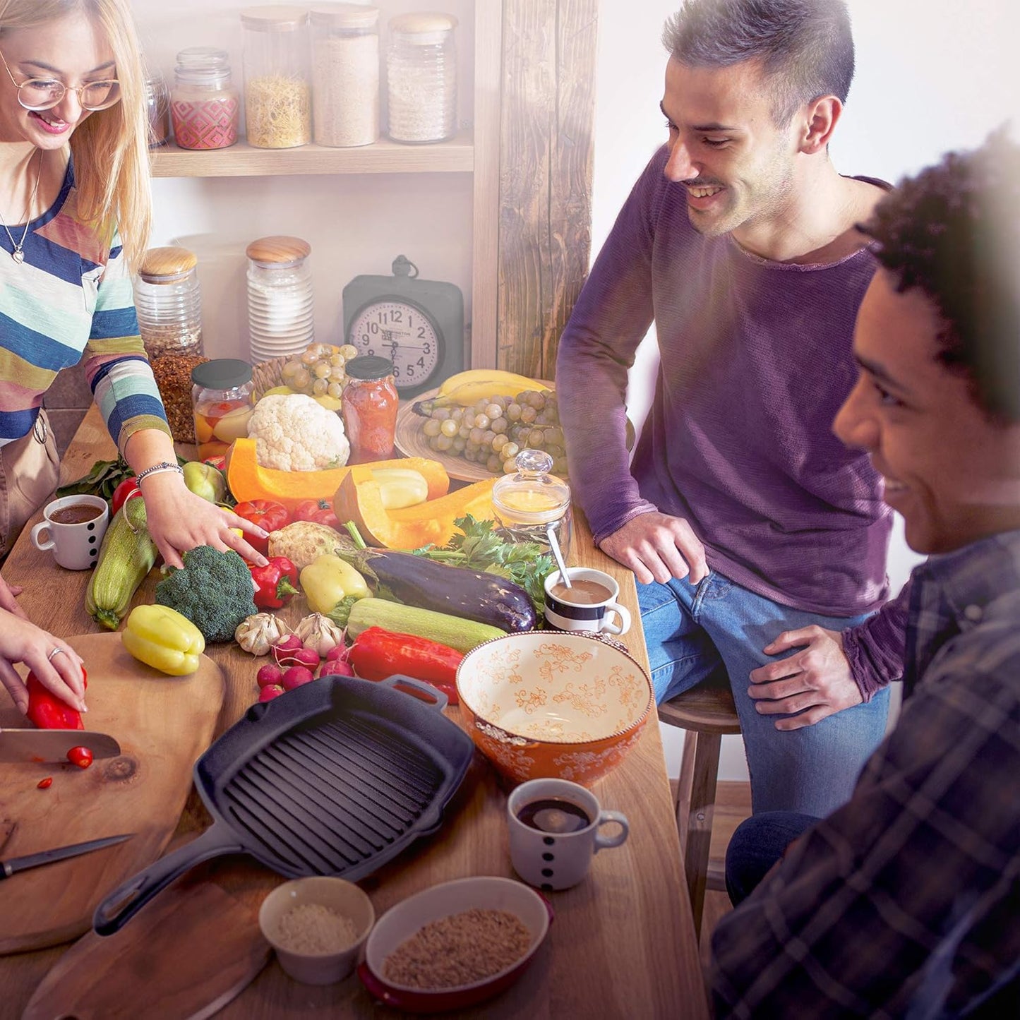 Cuisinel Cast Iron Square Grill Pan + Glass Lid + Pan Scraper + Handle Cover - 10.5" Pre-Seasoned Ridged Skillet - Grill, Stovetop, Fire, Indoor/Outdoor Use - for Grilling, Frying, Sauteing