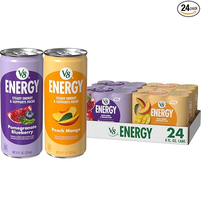 V8 Energy Pomegranate Blueberry and Peach Mango Energy Drinks, 8 fl oz Can (24 Pack)