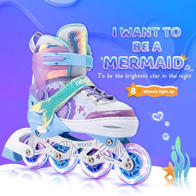 NEMONE Mermaid Inline Skates, 4 Sizes Adjustable Skates for Girls Kids with Light up Wheels, Indoor Beginner Outdoor for Kids Ages 4-6 5-8 6-12 8-12