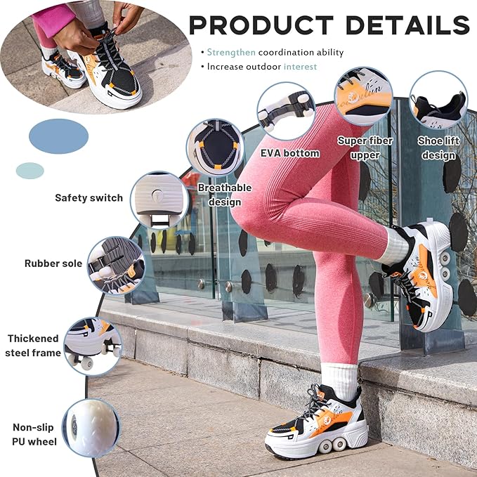 Roller Skate Shoes for Women Four Rounds Children's Roller Skates Shoes That Turn into Rollerskates Sneakers Outdoor Light Shoes with Wheels for Girls/Boys