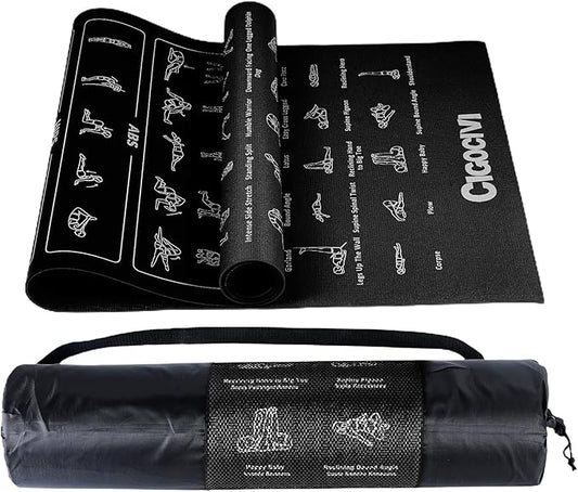 Instructional Travel Yoga Mat with 75 Poses & Exercises - Non-slip Exercise Mat for Home Workout, Includes Carrying Bag - Perfect for Beginners, 68"x24"x0.25"