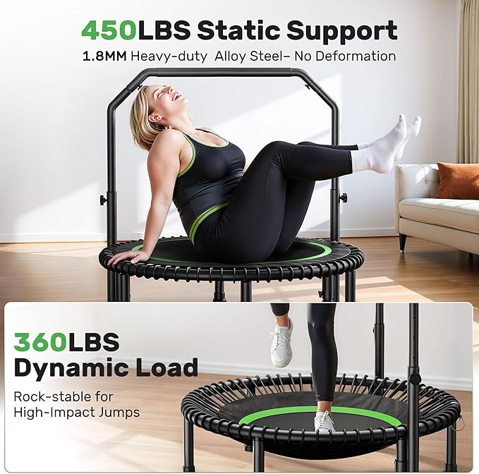 BCAN 40"/48" Rebounder Trampoline for Adult, 450/550LBS Fitness Trampoline with Bungees, Adjustable Handle, Stable & Quiet, Indoor Outdoor, Whole-Body Workout & Relaxation at Home for Women/Men