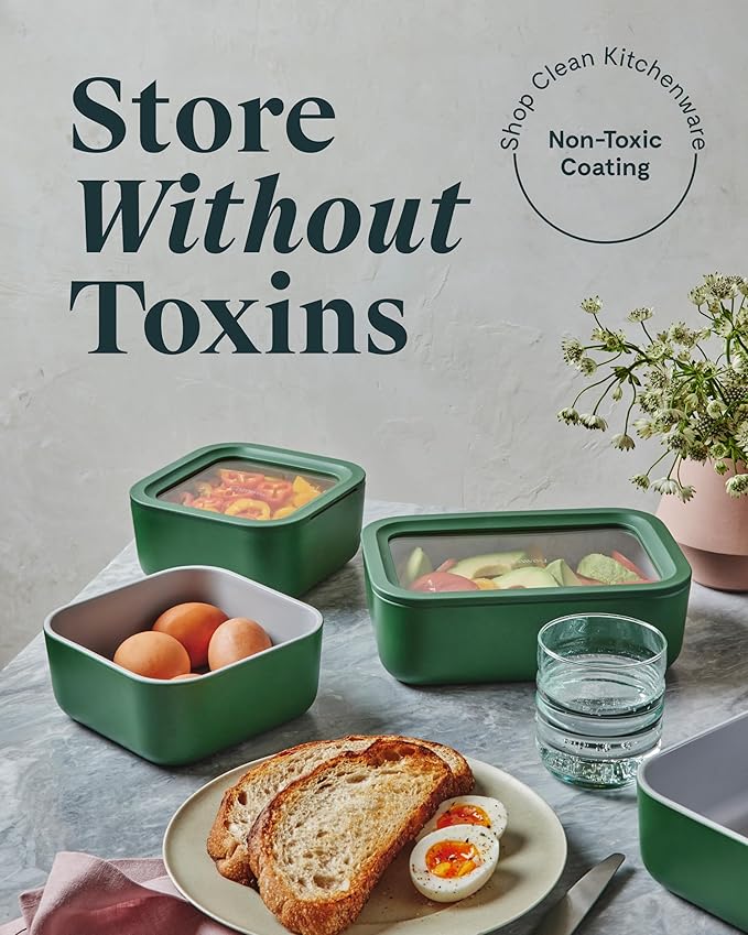 Caraway 2pc Glass Food Storage Set - 4.4 Cup Food Containers (2) - Ceramic Coated - Non Toxic, Non Stick Lunch with Lids - Dishwasher, Oven, & Microwave Safe - Navy