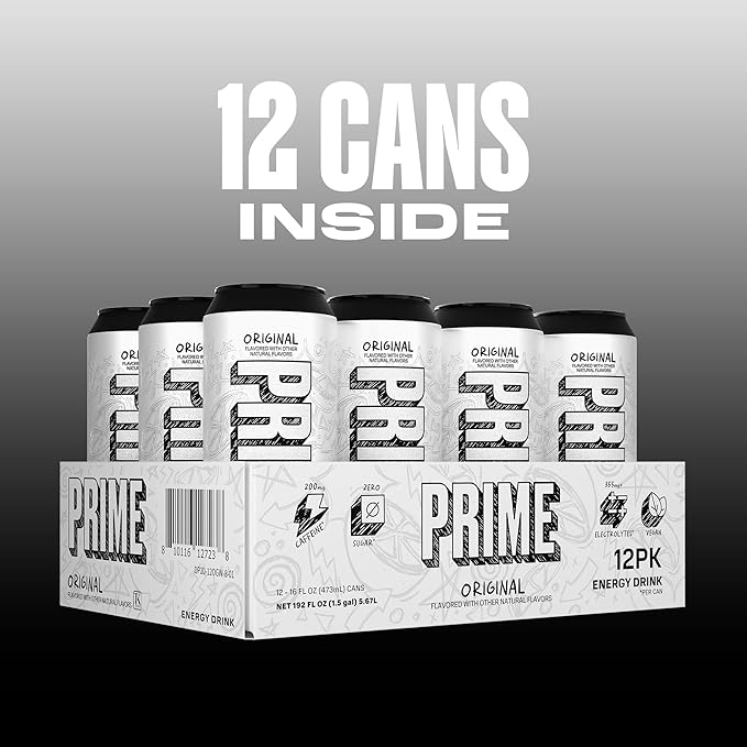 PRIME Energy ORIGINAL, Zero Sugar Energy Drink, 200mg Caffeine and 300mg of Electrolytes for Hydration, Vegan, Gluten Free,16 Fluid Ounce, 12 Pack