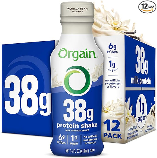 Orgain 38g High Protein Shake, Dairy Isolate Protein Milk, Vanilla, 6g BCAAs, 1g Sugar Per Serving, Meal Replacement, Ready to Drink, Keto Friendly, Gluten-Free 14 Fl Oz (Pack of 12)