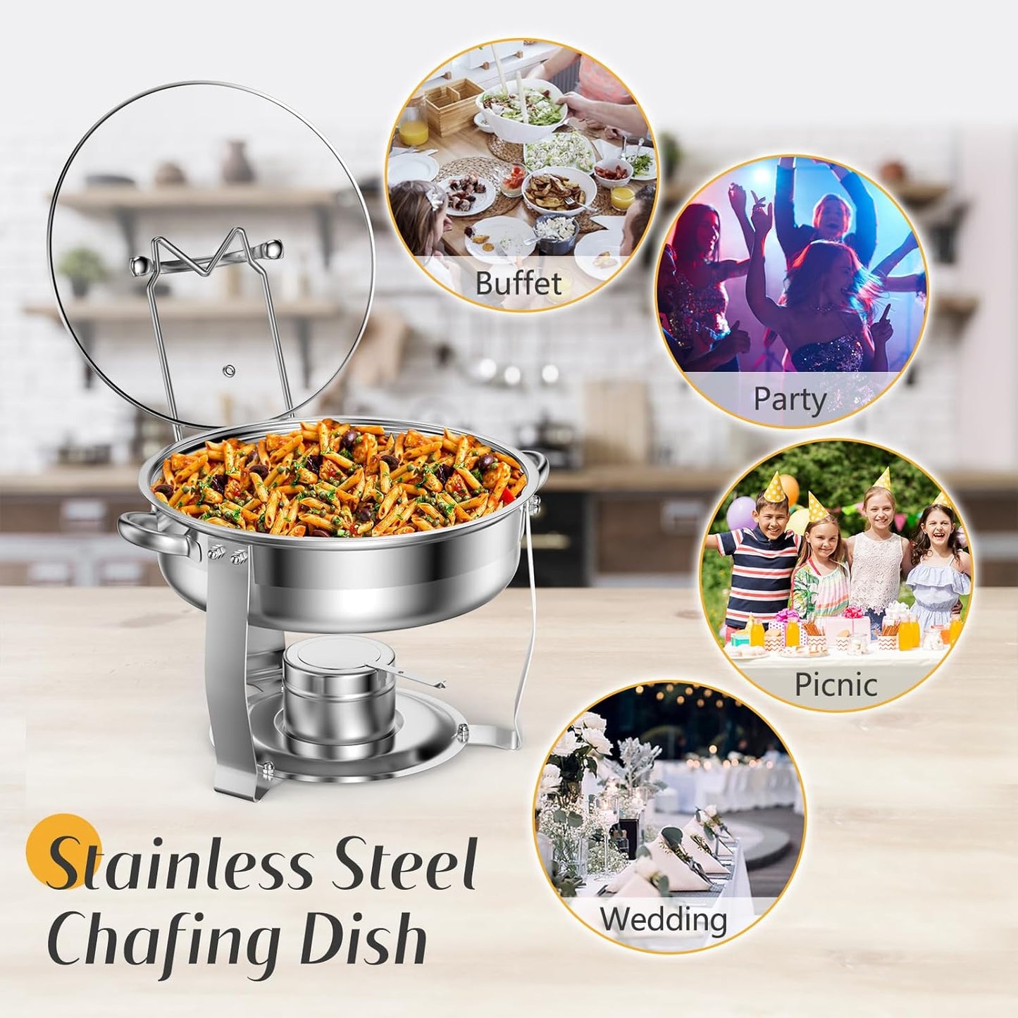 4 Packs 3 QT Round Chafing Dish Buffet Set, Stainless Steel Chafing Dishes with Glass Lid & Holder, Food Warmer for Parties Weddings Banquets Events