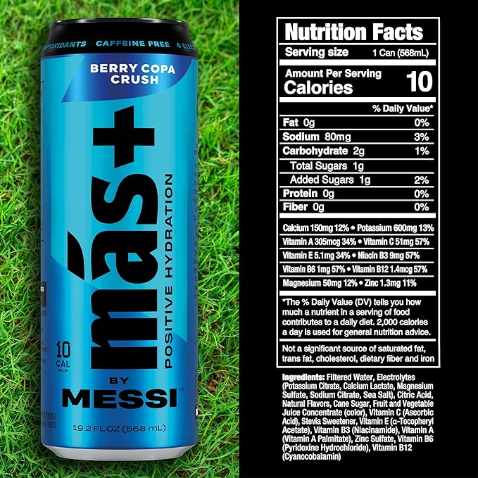 Más+ By Messi 19.2oz Berry Copa Crush Sports Drink & Hydration Beverage, Natural Flavors with Vitamins and Electrolytes, No Artifical Sweeteners or Colors, 12-pack