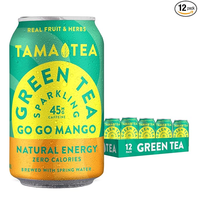 Tama Tea Sugar-Free Sparkling Green Tea, Mango – Organic & Naturally Energizing – Zero Calories, Zero Carbs, Non-GMO – Antioxidant-Rich with 45mg Natural Caffeine – 12 oz Cans (12-Pack)