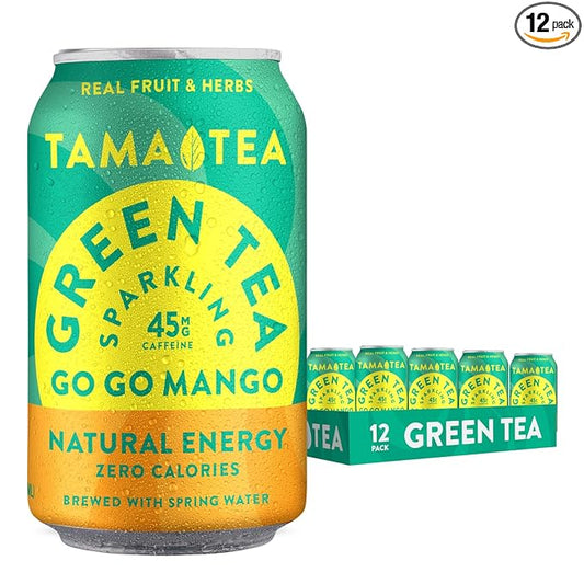 Tama Tea Sugar-Free Sparkling Green Tea, Mango – Organic & Naturally Energizing – Zero Calories, Zero Carbs, Non-GMO – Antioxidant-Rich with 45mg Natural Caffeine – 12 oz Cans (12-Pack)