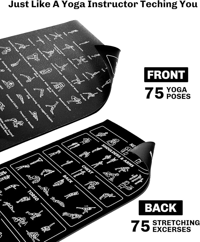 Instructional Travel Yoga Mat with 75 Poses & Exercises - Non-slip Exercise Mat for Home Workout, Includes Carrying Bag - Perfect for Beginners, 68"x24"x0.25"