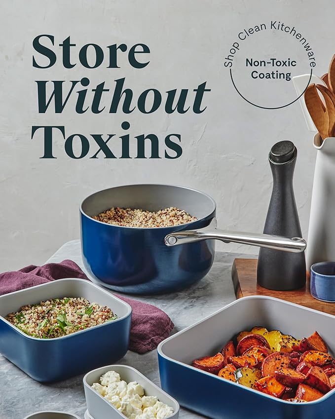 Caraway 2pc Glass Food Storage Set - 10 Cup Food Containers (2) - Ceramic Coated - Non Toxic, Non Stick Lunch Box with Lids. Dishwasher, Oven, & Microwave Safe - Sage