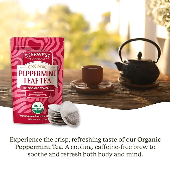 Starwest Botanicals Organic Peppermint Leaf Tea - Caffeine Free Herbal Tea, Supports Digestion, USDA Organic Peppermint Leaf, String Free Sachets, Non GMO - Bulk Pack, 100 Tea Bags