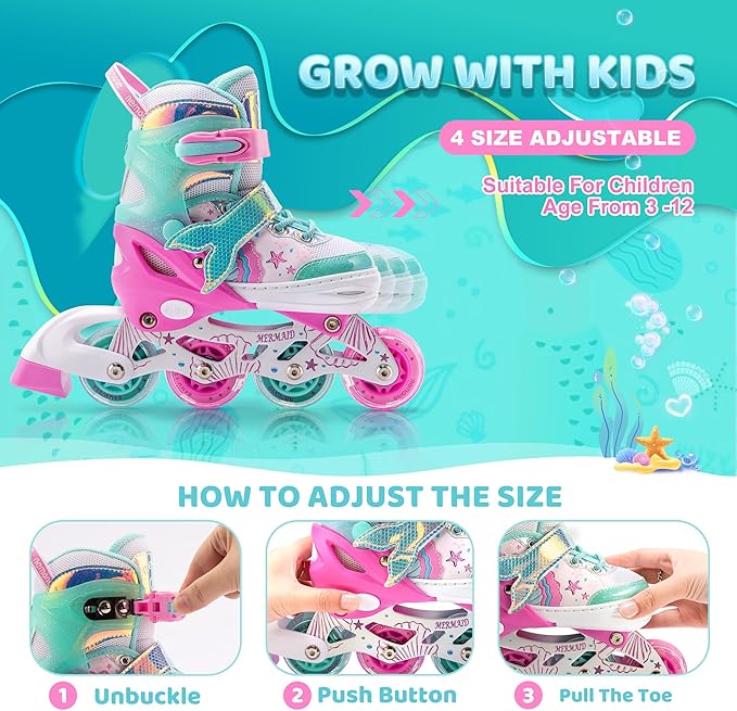 NEMONE Mermaid Inline Skates, 4 Sizes Adjustable Skates for Girls Kids with Light up Wheels, Indoor Beginner Outdoor for Kids Ages 4-6 5-8 6-12 8-12