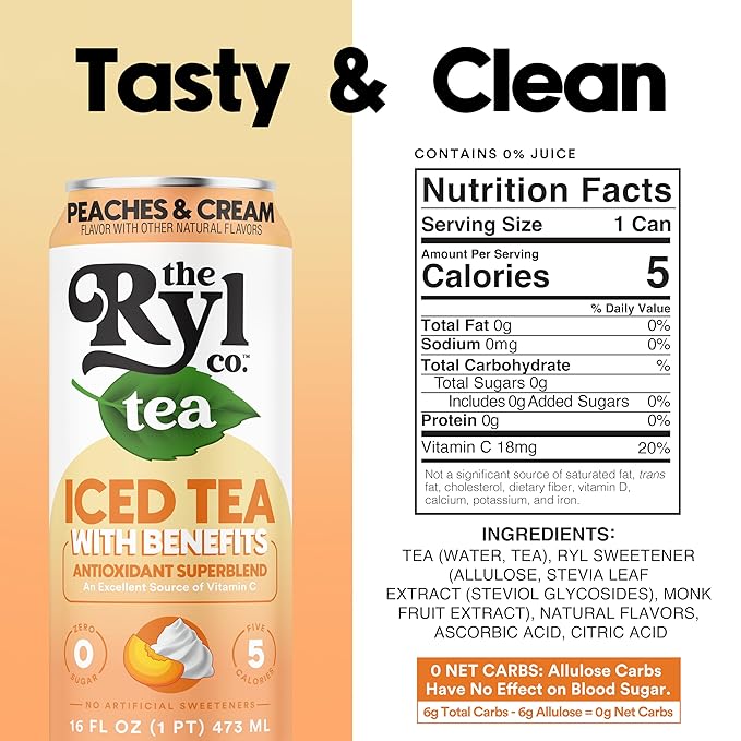 Ryl Iced Tea, Peaches & Cream Tea, Antioxidant Superblend, Zero Sugar, Low Carb, Zero Calorie Iced Tea, 16.0 Fl Oz (12-Pack)
