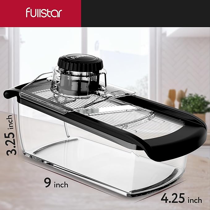 Fullstar Mandoline Slicer for Kitchen, Fruit Cutter, Cheese Grater, Cucumber Slicer, Veggie Spiralizer, Food Cutter & Kitchen Gadgets with Safety Glove (6 in 1, Clear)