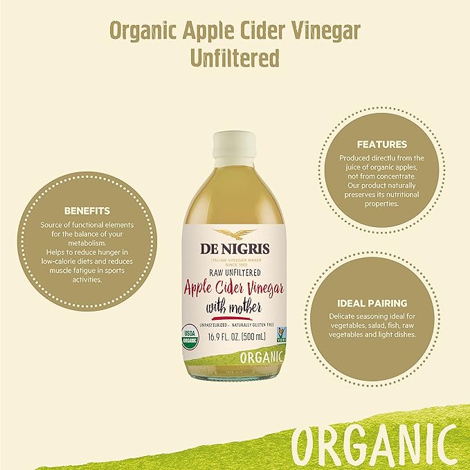 De Nigris Organic Apple Cider Vinegar With Honey & Ginger, Raw & Unfiltered 16,9 Oz (Pack of 2) | Apple Cider Vinegar With Mother For The Balance Of Metabolism, Organic