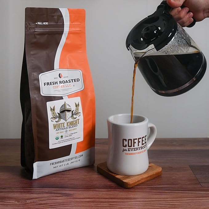 Fresh Roasted Coffee, Organic White Knight | USDA Organic, Kosher | Light Roast 2 lb (32 oz), Whole Bean