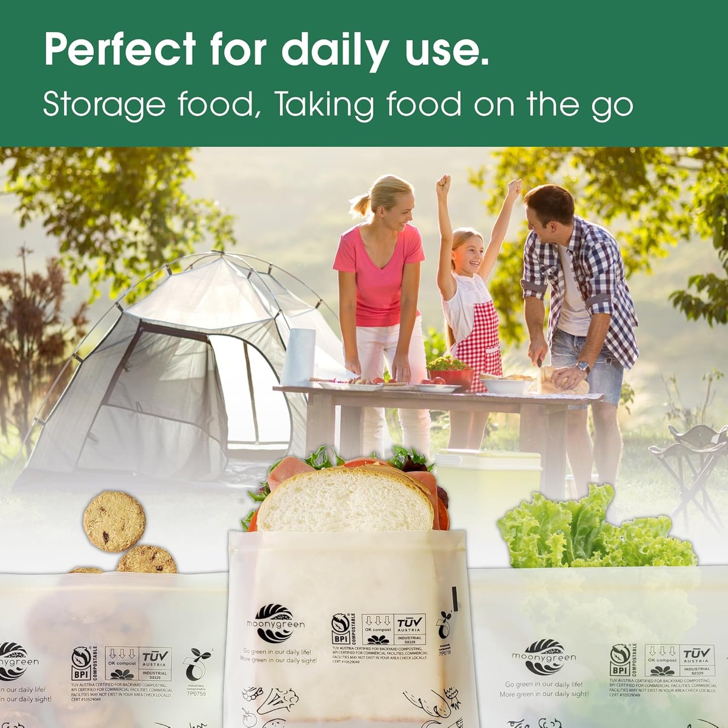 Compostable Food Storage Bags, Resealable, 50 Snack, 50 Sandwich, 30 Quart, 30 Gallon, Extra Thick, Certified US BPI ASTM D6400 Europe OK Compost