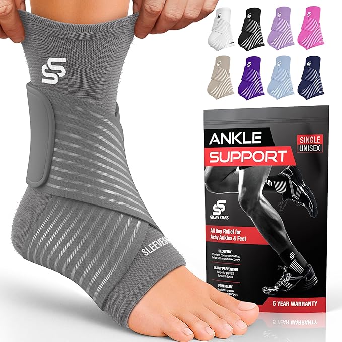 Sleeve Stars Ankle Brace for Women & Men, Ankle Wrap for Sprained, Compression Sleeve for Plantar Fasciitis Relief, Easy Customizable Support: w/ Removable Strap (Single/M:10"-12"/Gray)