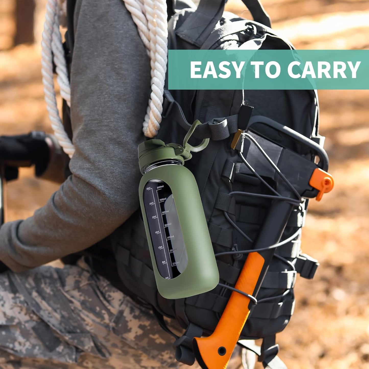 CIVAGO 32 oz Glass Water Bottle with Straw and Handle, Large Sports Motivational Water Bottle Flask with Time Marker and 2 Lids, Leakproof Water Jug Canteen with Silicone Sleeve for Gym,Blush