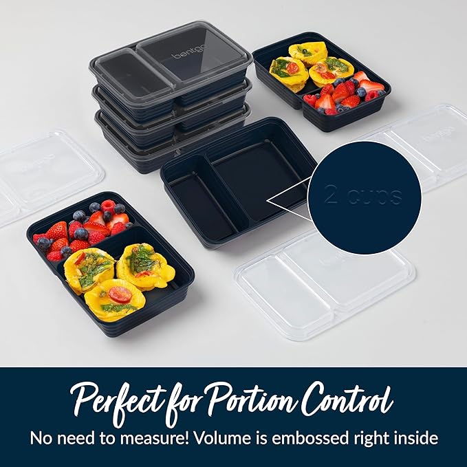 Bentgo 20-Piece Lightweight, Durable, Reusable BPA-Free 2-Compartment Containers - Microwave, Freezer, Dishwasher Safe - Navy Blue