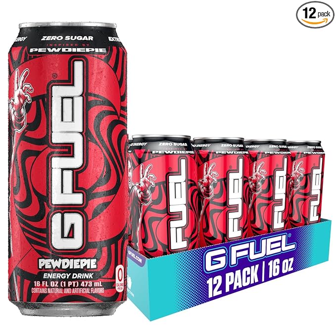 G Fuel Energy Drink, Lingonberry, Sugar Free Beverage with 300mg Caffeine, Daily Energy Boost with Focus Amino, Vitamin + Antioxidants, 16 oz Cans (PewDiePie, 12-Pack)