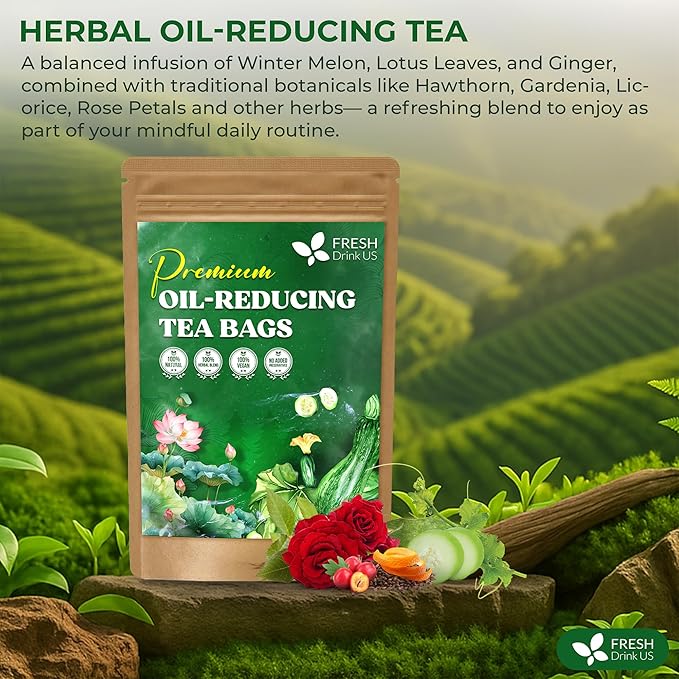 FreshDrinkUS, Oil-Reducing Herbal Tea β 40 Tea Bags | Blend of Winter Melon, Lotus Leaf, Ginger, Hawthorn, Gardenia Fruit, Rose, Cassia Seed & More | Naturally Caffeine-Free | Delicious Hot or Iced
