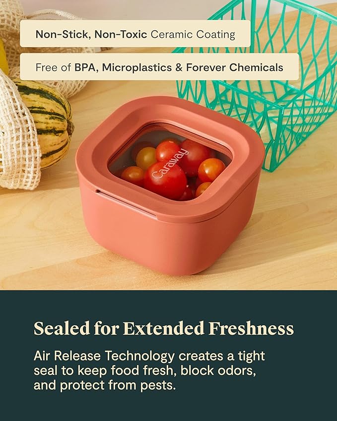 Caraway 6pc Food Storage Container Set - 1.75 Cup Glass Storage Container for Food (6) - Non-Toxic Ceramic-Coated Glass - Air Release Technology - Compact & Stackable Design - Mist