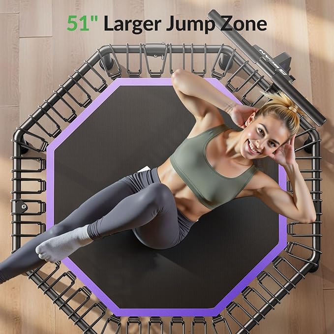 BCAN 51" Octagonal Mini Trampoline, Max Load 450 LBS Fitness Trampoline with T-Adjustable Handle Bar, Silent Bungees, Larger, More Stable, Quieter Exercise Rebounder for Adults Indoor/Garden Workout