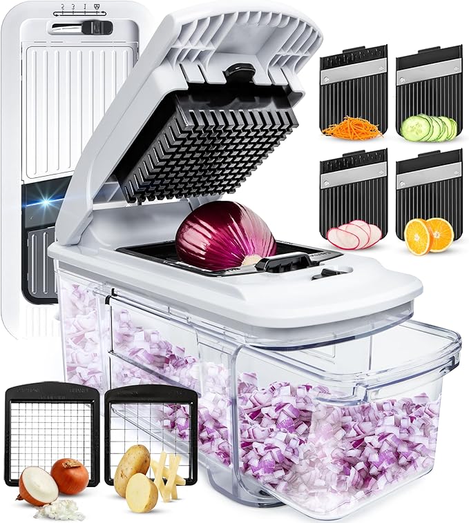 Fullstar All-in-1 Vegetable Chopper and Mandoline Slicer for Kitchen - Cheese Grater, French Fry Cutter, Cheese Slicer - Bonus Handheld Spiralizer Included (4 in 1, Black/White)