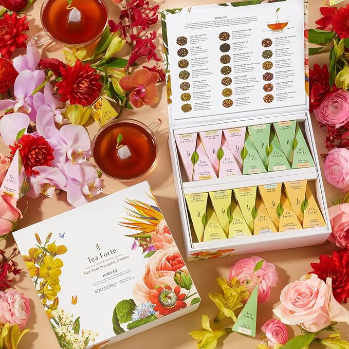 Tea Forte Jubilee Premium Tea Chest Gift Sampler, 40 Count, 2 of each Variety Blend Individually Wrapped Handcrafted Pyramid Infuser Bags