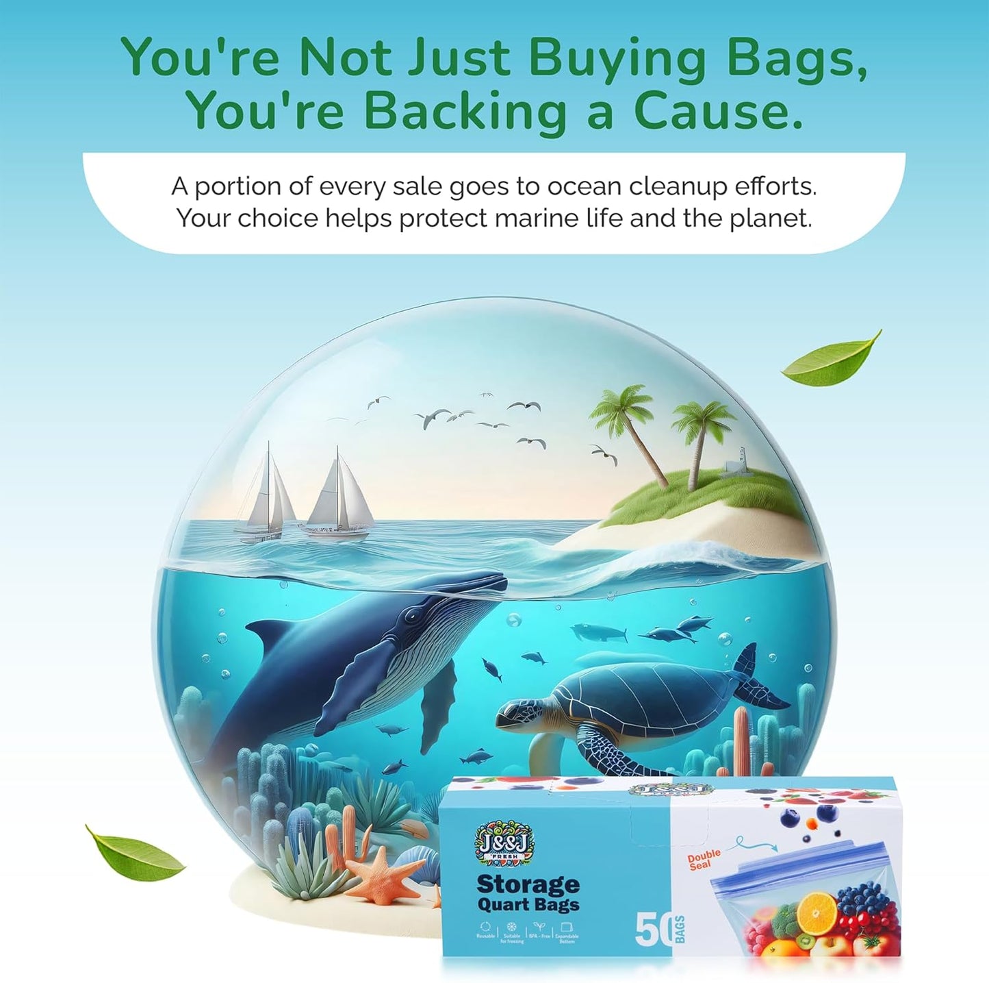 J&&J Fresh Storage Quart Freezer Bags, 50 Pack ā Reusable, BPA-Free, Leakproof ā Expandable Bottom, Microwave-Safe, Strong Zipper Seal ā Quart Bags for Meal Prep & Freezer Storage ā Durable & Washable