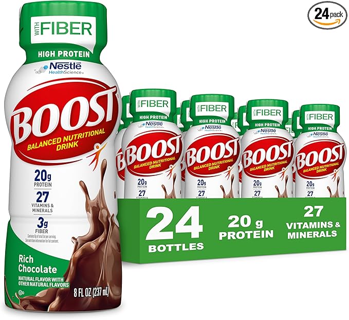 BOOST High Protein with Fiber Ready to Drink Complete Nutritional Drink, Rich Chocolate, 8 fl oz Bottle, 24 Pack