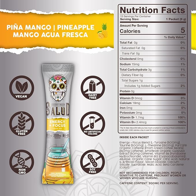 Salud 2-in-1 Energy Drink Powder + Focus, Pineapple Mango, Organic Caffeine, B6 + B12, Theanine, Clean Energy Drink Packets, Agua Fresca Mix, Non-GMO, Gluten Free, Vegan, 1g of Sugar, (15 Servings)
