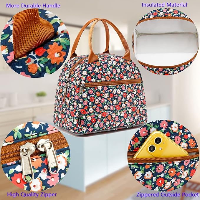 FlowFly Insulated Lunch Cooler Bag - Tote Bag Organizer for Women/Men, Floral#Red