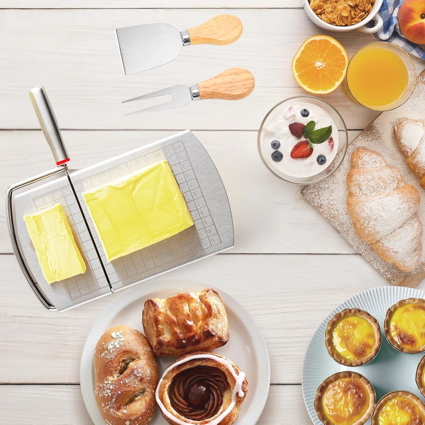 Cheese Slicer with 2 PCS Cheese Knife, Multipurpose Cheese Cutter Stainless Steel Cheese Slicers for Block Cheese with 2 PCS Cheese Knives Set